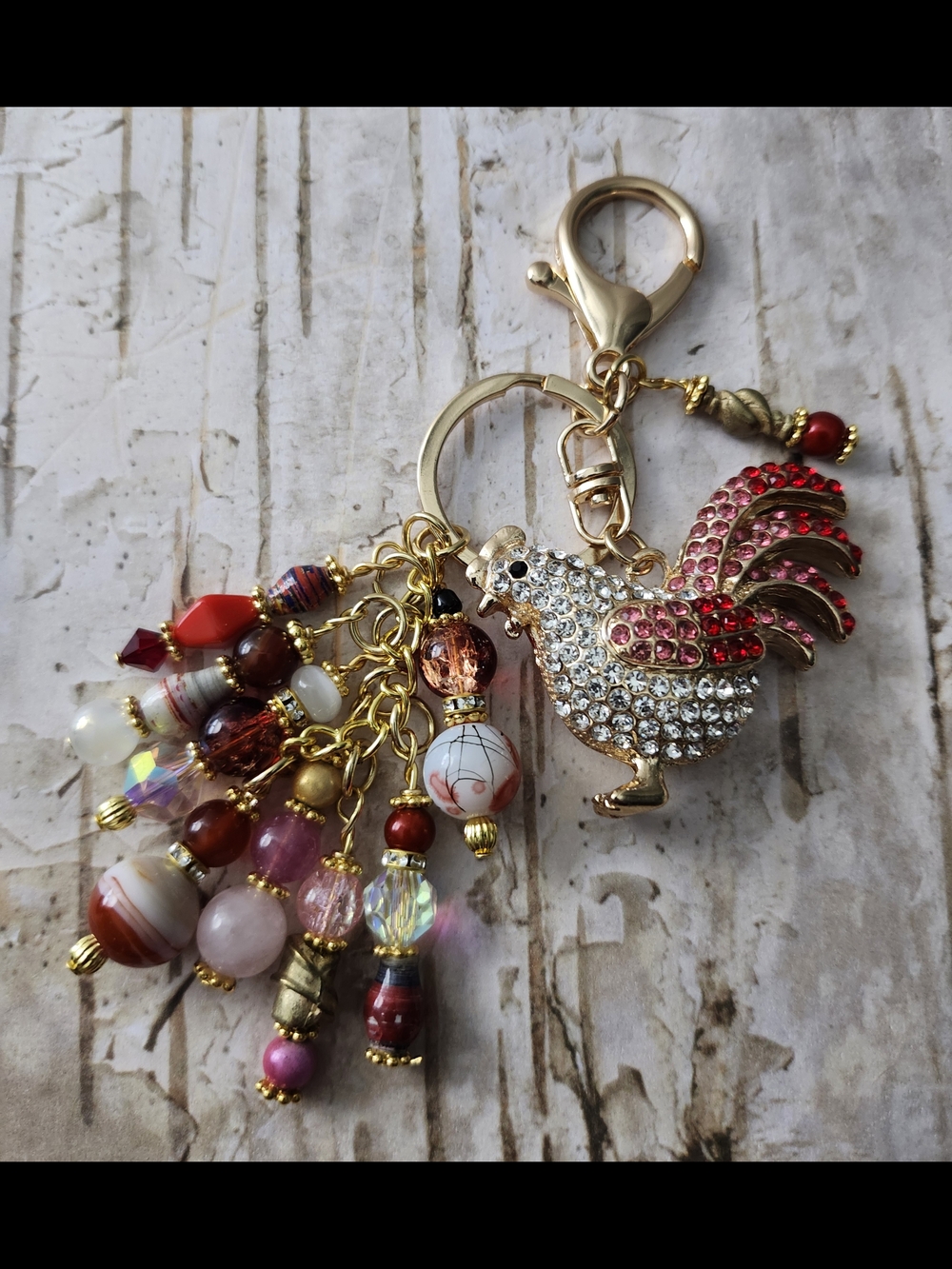 Rooster Purse Charm or Keychain Quartz Carnelian Stone Handcrafted